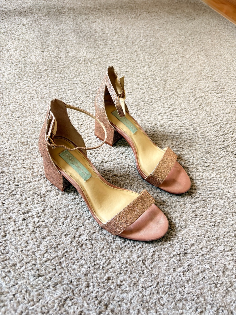 Betsey Johnson Rose Gold Sparkle Block Heel Sandals
